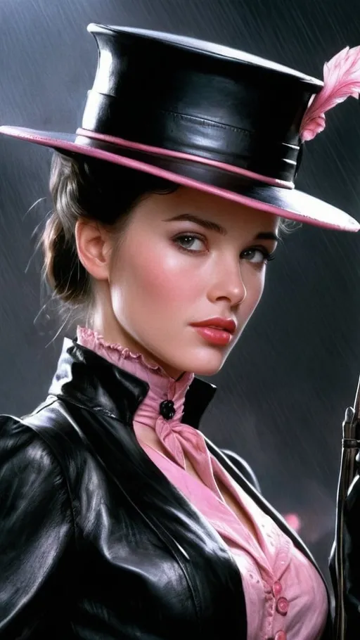 Prompt: Mary Poppins, futuristic, black-pink, leather, female protagonist, beautiful, realistic, 8k, detail, art by Luis Royo
