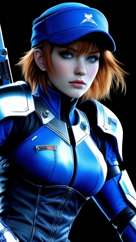 Prompt: Bryce Dallas Howard, anime-lady, black-blue, female protagonist, futuristic Ranger, beautiful, kneepads, realistic, 8k, detail, art by Masamune shirow 