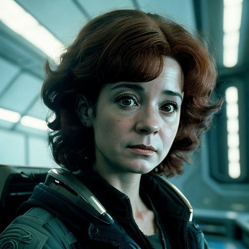 Prompt: Young 25yr Annie Potts, Dystopian, beautiful, realistic, 8k, detail, in the film ALIEN, art by Masamune shirow 