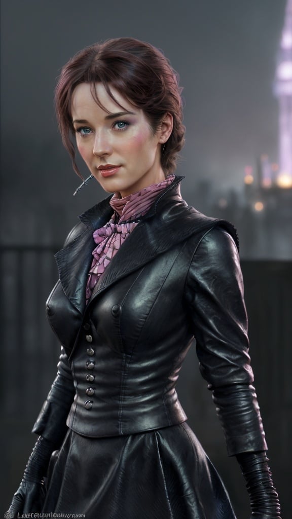 Prompt: Mary Poppins, futuristic, black-pink, leather, female protagonist, beautiful, realistic, 8k, detail, art by Luis Royo
