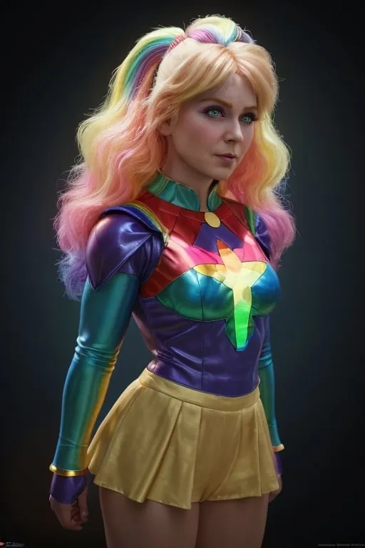 Prompt: Rainbow Brite from the cartoon as a real person, beautiful, realistic, 8k, detail, art by Marvel Studios 