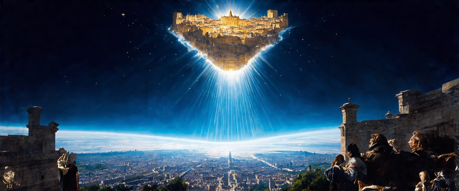 Prompt: Create an awe-inspiring image of the New Jerusalem as described in the Book of Revelations, descending from the heavens towards Earth. The city is a magnificent, golden structure, shining brightly with a divine light. It is vast and grand, with walls adorned with precious stones and gates made of pearl. The city is suspended in the sky, surrounded by a radiant aura, with light beams streaming from it to the earth below. The heavens are open, revealing a celestial glow, and the Earth beneath looks serene and in awe of the descending glory. The scene should evoke a sense of wonder, divinity, and the beauty of this heavenly city, art by Leonardo Divinci 