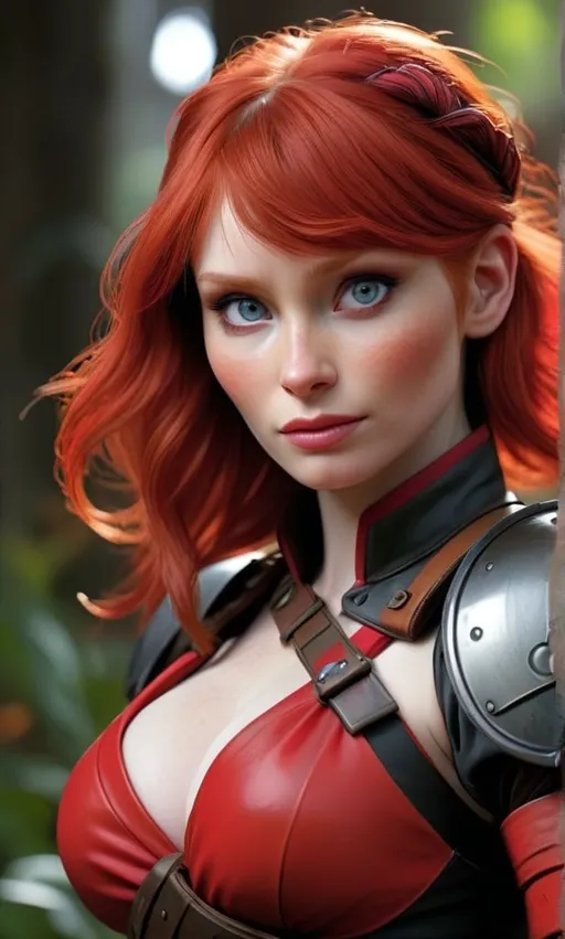 Prompt: Bryce Dallas Howard, black-red, female protagonist, warrior-cosplay, beautiful, realistic, smirk, 8k, detail,  art by Masamune Shirow
