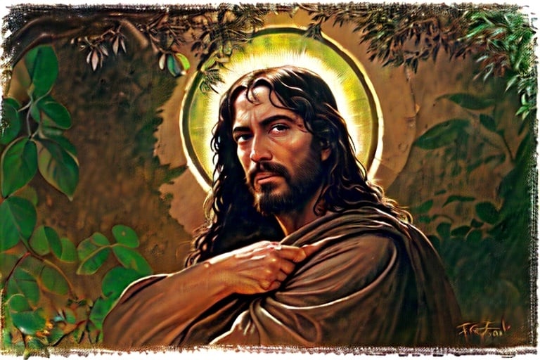 Prompt: Jesus in the garden of gethsemane, biblical, Holy, Glory, realistic, HD, Detail, art by Frank Frazetta 