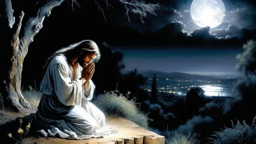 Prompt: Jesus praying in the garden of gethsemane, majestic Moonlit night, biblical, Holy, Glory, realistic, HD, Detail, art by Luis Royo 