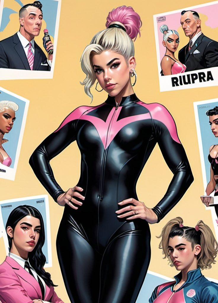 Prompt: (Anime girl), combining looks of (Alexa Bliss) and (Dua Lipa), dressed in (black and pink leotard supersuit), striking a pose, encapsulated in the (style of Norman Rockwell), ultra-detailed, high-quality art, creating a compelling visual narrative.