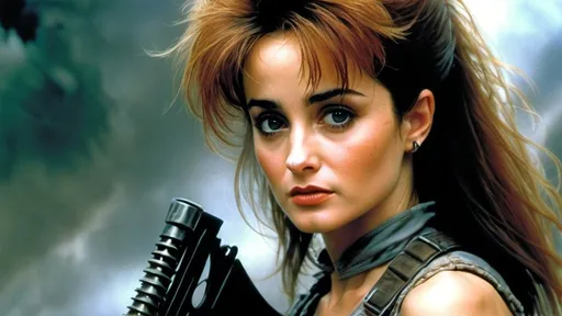 Prompt: Young 30yr Annie Potts, Dystopian, beautiful, realistic, 8k, detail, fighting against the Predator, art by Luis Royo 