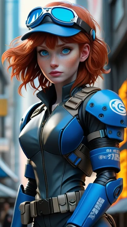 Prompt: Bryce Dallas Howard, anime-lady, black-blue, female protagonist, Adventurer, beautiful, cybercop, kneepads, realistic, 8k, detail, art by Masamune shirow 
