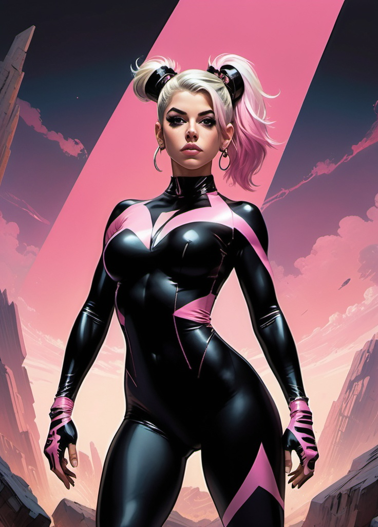 Prompt: (Anime girl), combining looks of (Alexa Bliss) and (Dua Lipa), dressed in (black and pink leotard supersuit), striking a pose, encapsulated in the (style of Frank Frazetta), ultra-detailed, high-quality art, creating a compelling visual narrative.