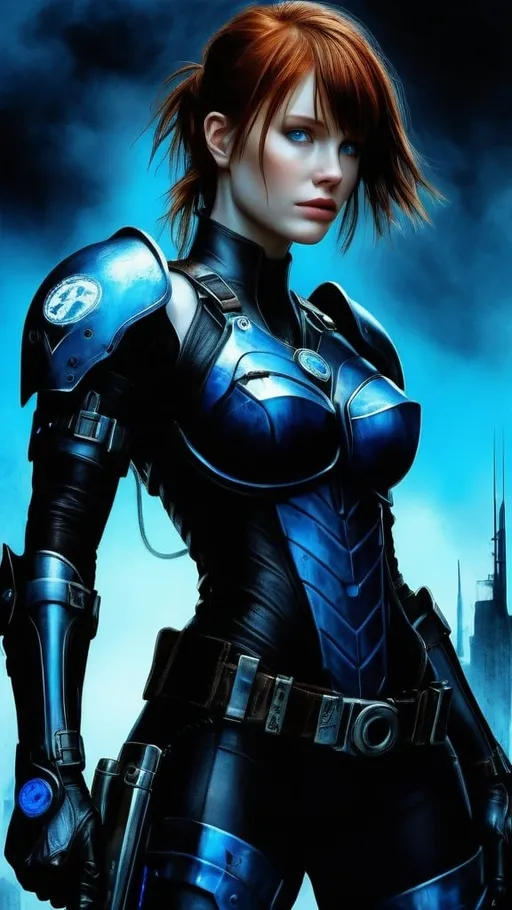 Prompt: Bryce Dallas Howard, anime-lady, black-blue, female protagonist, Adventurer, beautiful, cybercop, kneepads, realistic, 8k, detail, art by Luis Royo 
