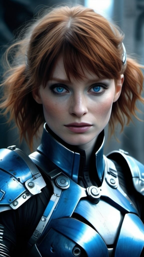 Prompt: Bryce Dallas Howard, anime-lady, black-blue, female protagonist, Adventurer, beautiful, cybercop, kneepads, realistic, 8k, detail, art by Luis Royo 
