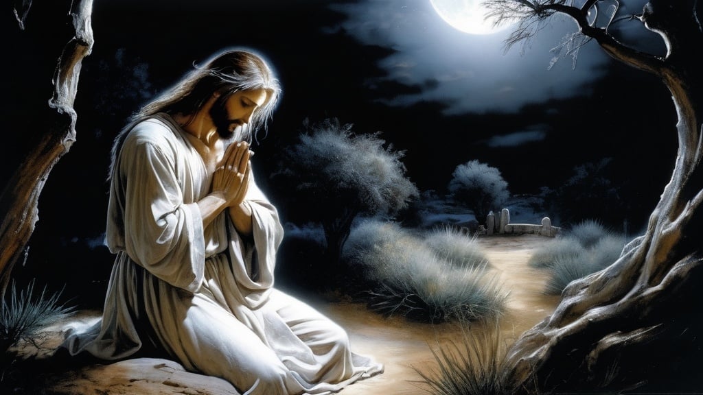 Prompt: Jesus praying in the garden of gethsemane, majestic Moonlit night, biblical, Holy, Glory, realistic, HD, Detail, art by Luis Royo 