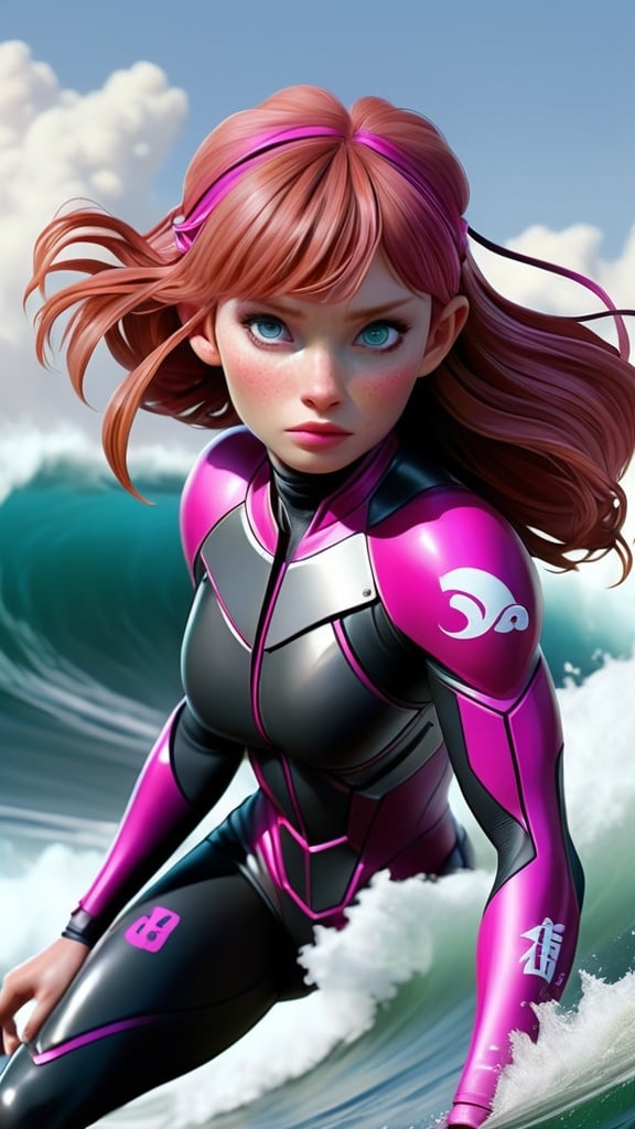 Prompt: Bryce Dallas Howard, anime-lady, black-magenta, female protagonist, futuristic surfer, beautiful, kneepads, realistic, 8k, detail, art by Masamune shirow 