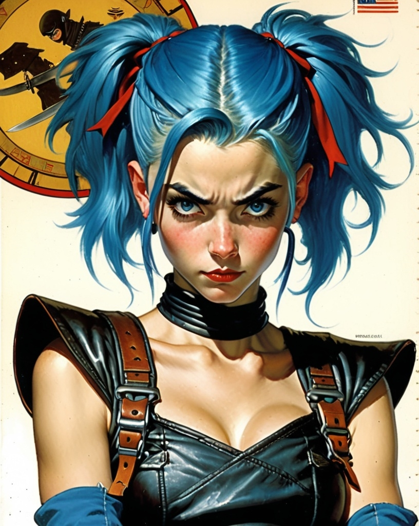 Prompt: Beautiful, young Moabite female, 21-yr old, blue hair, ninja, leather skirt, Art by Norman Rockwell 