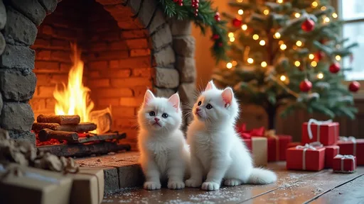 Prompt: Fluffy white Kittens playing by fireplace, redwood logcabin, Christmas tree, presents, Christmas decorations, snow outside window.