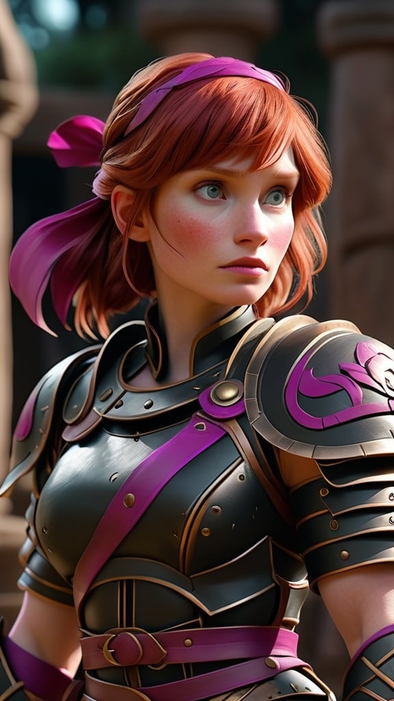 Prompt: Bryce Dallas Howard, anime-lady, black-magenta, female protagonist, Gladiator, Beautiful, kneepads, realistic, 8k, detail, art by Disney 