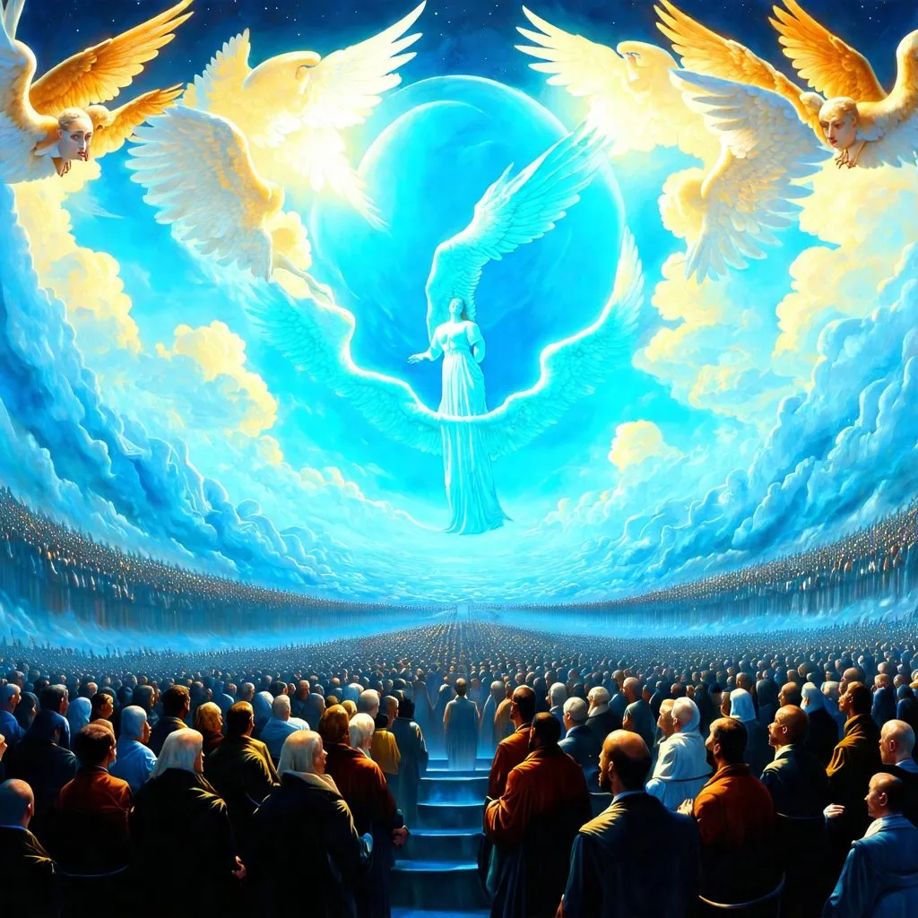 Prompt: Great Throne room of GOD in Heaven, thousands of angels in the sky, art by Michaelangelo 