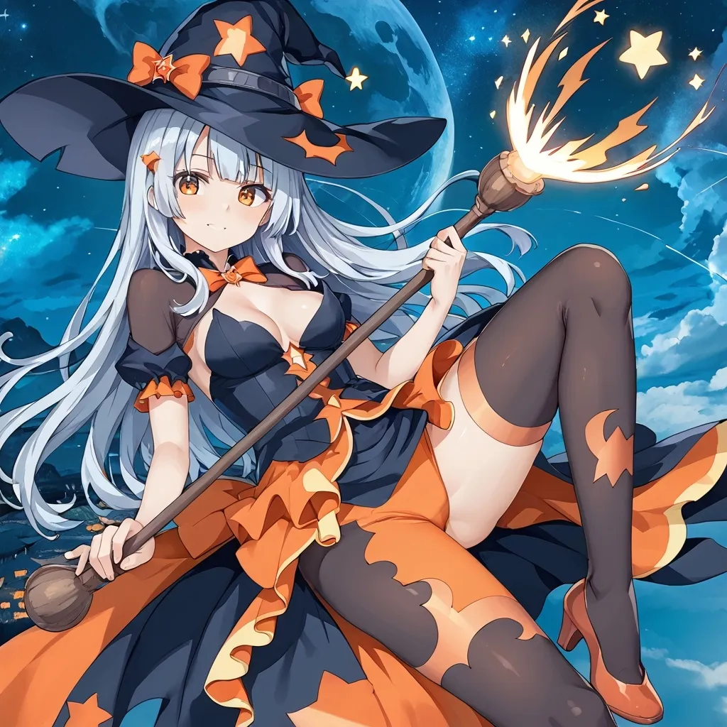 Prompt: Full body picture of anime girl wearing a witch outfit