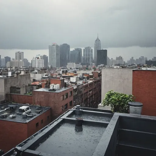 Prompt: city view from rooftop rainy day