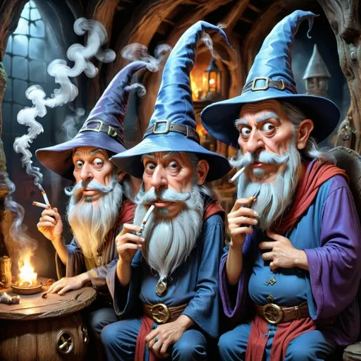 Prompt: Three wizards without beards smoking in their spooky lair