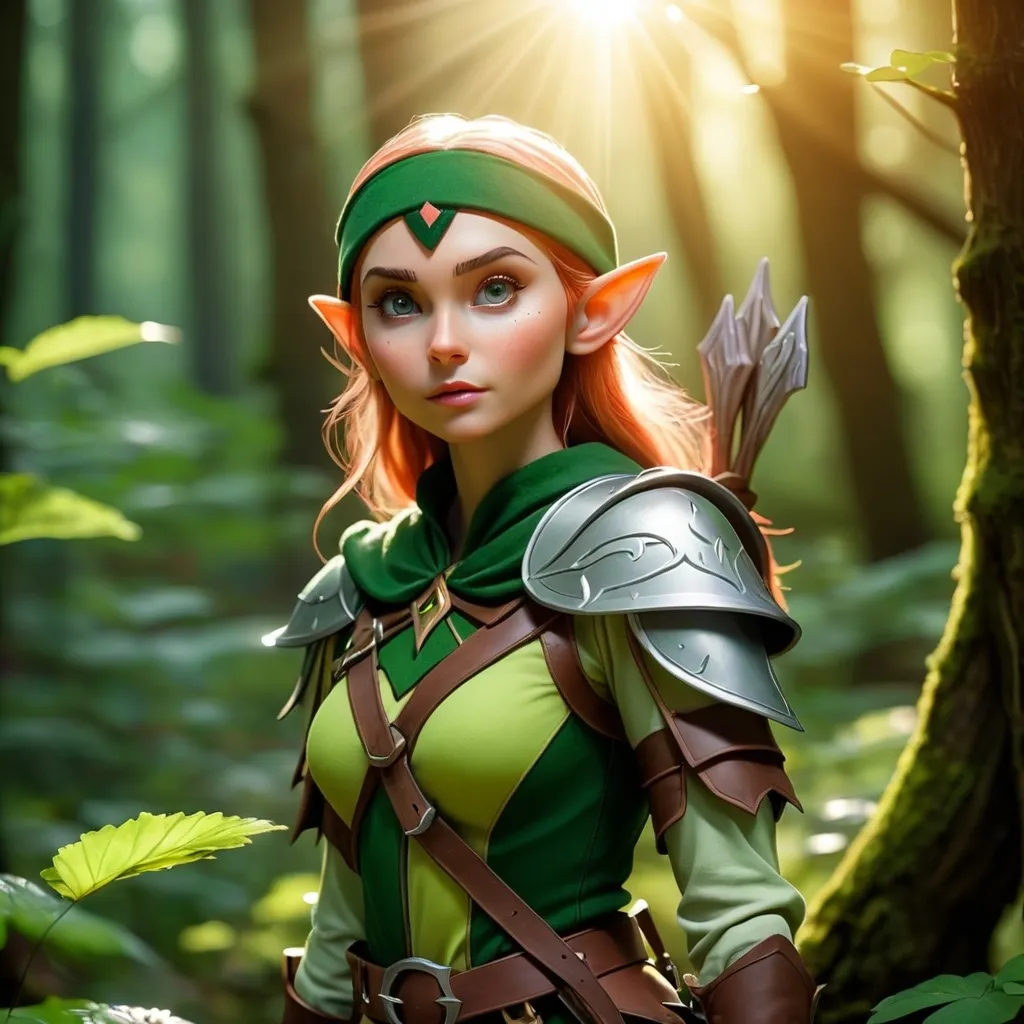 Prompt: Elf ranger in a mystical forest around sunlight