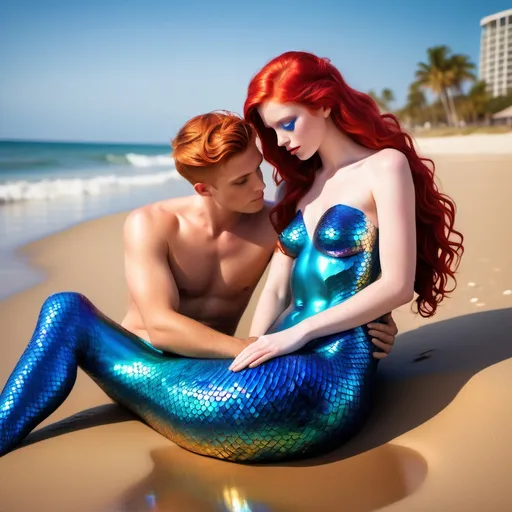 Prompt: Glamour photography of Create a vibrant beach scene featuring a merman with striking crimson hair and cobalt blue eyes, resting his head on the lap of a human girl seated on warm, golden sand. The merman's upper body is on the shore, while his shimmering tail, adorned with iridescent scales, is partially submerged in crystal-clear water. The girl, with sleek black hair and captivating red eyes, wears a snug red short jumpsuit that beautifully contrasts her sun-kissed skin. 

The composition is intimate, bathed in soft, golden sunset lighting that casts a warm glow, enhancing the rich color palette of reds, blues, and sandy tones. Utilize a realistic artistic style with fine details in textures, showcasing the smoothness of the girl's skin and the shimmering scales of the merman's tail. The atmosphere is serene and enchanting, capturing a tranquil moment of connection. Aim for high-resolution quality (at least 300 DPI) to highlight intricate details.