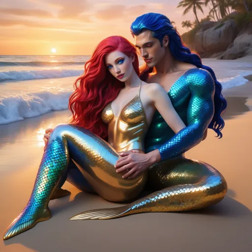 Prompt: Create a vibrant beach scene featuring a merman with striking crimson hair and cobalt blue eyes, resting his head on the lap of a human girl seated on warm, golden sand. The merman's upper body is on the shore, while his shimmering tail, adorned with iridescent scales, is partially submerged in crystal-clear water. The girl, with sleek black hair and captivating red eyes, wears a snug red short jumpsuit that beautifully contrasts her sun-kissed skin. 

The composition is intimate, bathed in soft, golden sunset lighting that casts a warm glow, enhancing the rich color palette of reds, blues, and sandy tones. Utilize a realistic artistic style with fine details in textures, showcasing the smoothness of the girl's skin and the shimmering scales of the merman's tail. The atmosphere is serene and enchanting, capturing a tranquil moment of connection. Aim for high-resolution quality (at least 300 DPI) to highlight intricate details.