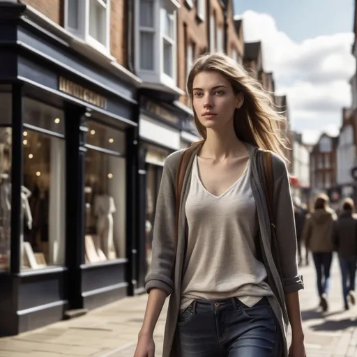 Prompt: Tall young woman walking down the high street, detailed clothing, realistic, natural lighting