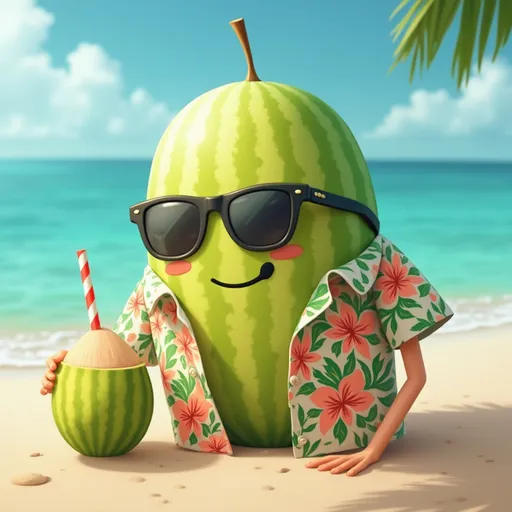 Prompt:  Crea un melone che indossa una camicia a fiori mentre prende il sole in spiaggia e sorseggia un cocco 