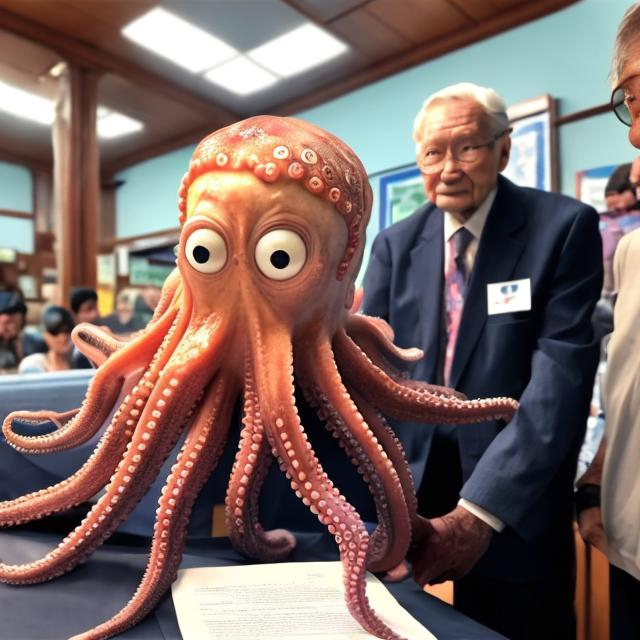 Prompt: Octopus signing a contract with an old lady and man standing behind him