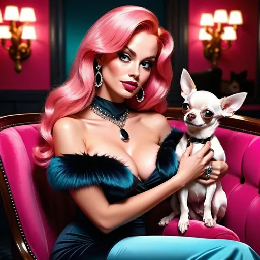 Prompt: Ultra-detailed digital art of Jessica Rabbit with 2 black Chihuahua,s on her lap, realistic fur textures, vibrant pink hair, retro Hollywood glamour, cinematic lighting, high fashion, detailed facial features, sophisticated color grading, best quality, 4k, ultra-detailed, retro, glamorous, cinematic lighting, detailed fur, vibrant blonde, sophisticated, Hollywood glamour