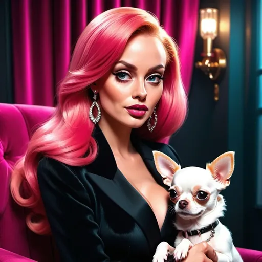 Prompt: Ultra-detailed digital art of Jessica Rabbit with two black long haired Chihuahua,s on her lap, realistic fur textures, vibrant pink hair, Hollywood glamour, cinematic lighting, high fashion, detailed facial features, sophisticated color grading, best quality, 4k, ultra-detailed, retro, glamorous, cinematic lighting, detailed fur, vibrant blonde, sophisticated, Hollywood glamour