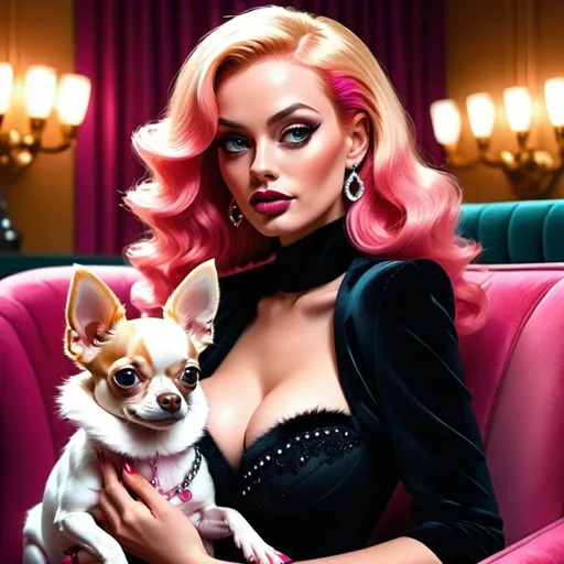 Prompt: Ultra-detailed digital art of Jessica Rabbit with two black Chihuahua,s on her lap, realistic fur textures, vibrant pink hair, retro Hollywood glamour, cinematic lighting, high fashion, detailed facial features, sophisticated color grading, best quality, 4k, ultra-detailed, retro, glamorous, cinematic lighting, detailed fur, vibrant blonde, sophisticated, Hollywood glamour