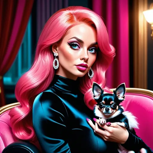 Prompt: Ultra-detailed digital art of Jessica Rabbit with two black long haired Chihuahua,s on her lap, realistic fur textures, vibrant pink hair, Hollywood glamour, cinematic lighting, high fashion, detailed facial features, sophisticated color grading, best quality, 4k, ultra-detailed, glamorous, cinematic lighting, detailed fur, vibrant pink, sophisticated, Hollywood glamour