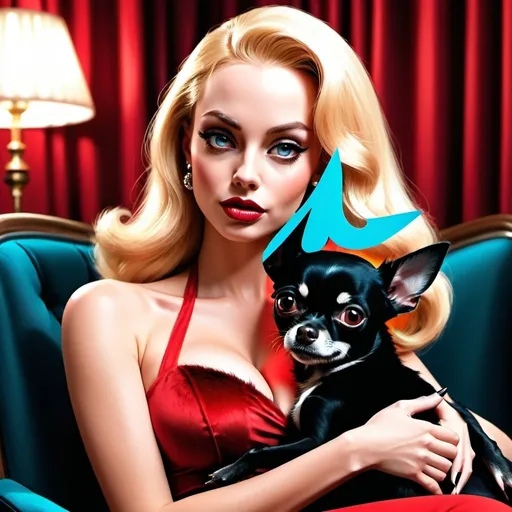 Prompt: Ultra-detailed digital art of Jessica Rabbit with a black Chihuahua on her lap, realistic fur textures, vibrant blonde hair, retro Hollywood glamour, cinematic lighting, high fashion, detailed facial features, sophisticated color grading, best quality, 4k, ultra-detailed, retro, glamorous, cinematic lighting, detailed fur, vibrant blonde, sophisticated, Hollywood glamour