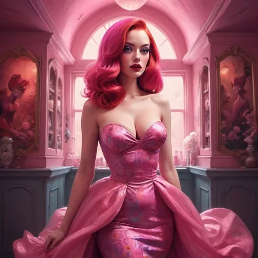 Prompt: Surrealistic digital art of Jessica Rabbit, vibrant pink hair and dress, dreamlike setting, distorted proportions, whimsical atmosphere, high quality, surrealism, vibrant colors, dreamy lighting, detailed features, professional, digital art, surrealistic style, pink tones, whimsical