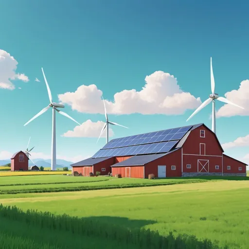 Prompt: A digital art of a farm with two wind mills two barns and green lushy grass fells like breeze barn has solar panels and there is clear blue sky.