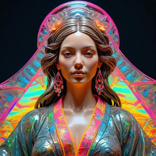 Prompt: hippy imperial kioto Dreamig woman in stereoscopic 3d depth, inspired by  Delacroix  liberty guiding people  ,geometric epic neon kimono flow perfect intricate transparent shining glass esoterical Sculpture art, hyper realistic Dreamig 3d woman inspired by monalisa, sketched on   perfect balancing metallic neon Oil, great perfect grassed contrasted bright in color tones, perfect ,neon  