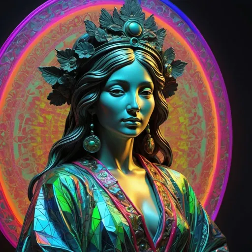 Prompt: hippy imperial kioto Dreamig woman in stereoscopic 3d depth, inspired by  Delacroix  liberty guiding people  ,geometric epic neon kimono flow perfect intricate transparent shining glass esoterical Sculpture art, hyper realistic Dreamig 3d woman inspired by monalisa, sketched on   perfect balancing metallic neon Oil, great perfect grassed contrasted bright in color tones, perfect ,neon  