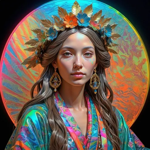 Prompt: hippy imperial kioto Dreamig woman in stereoscopic 3d depth, inspired by  Delacroix  liberty guiding people  ,geometric epic neon kimono flow perfect intricate transparent shining glass esoterical Sculpture art, hyper realistic Dreamig 3d woman inspired by monalisa, sketched on   perfect balancing metallic neon Oil, great perfect grassed contrasted bright in color tones, perfect ,neon  