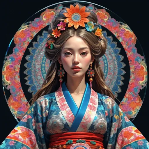 Prompt: hippy imperial kioto Dreamig woman in stereoscopic 3d by Delacroix stereoscopic 3d, mimetism intricate, perfect intricate details, hyper-detailed, beautifully draw by Delacroix, tones, perfect l beautifully draw by Delacroix stereoscopic 3d,geometric epic neon kimono flow perfect intricate transparent shining glass Sculpture luminiscense , oxide background, perfect intricate transparent shining glass hyperrealistic fashion, mandala hippy imperial Dreamig ,3d geometric epic deep field, kimono Japanese clothes, pop art , boom great perfect graduate luminiscent background, dark background, perfect intricate details, perfect contrasted bright in volumetric to best pretty art