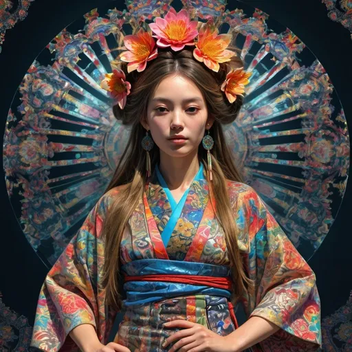 Prompt: hippy imperial kioto Dreamig woman in stereoscopic 3d by Delacroix stereoscopic 3d, mimetism intricate, perfect intricate details, hyper-detailed, beautifully draw by Delacroix, tones, perfect l beautifully draw by Delacroix stereoscopic 3d,geometric epic neon kimono flow perfect intricate transparent shining glass Sculpture luminiscense , oxide background, perfect intricate transparent shining glass hyperrealistic fashion, mandala hippy imperial Dreamig ,3d geometric epic deep field, kimono Japanese clothes, pop art , boom great perfect graduate luminiscent background, dark background, perfect intricate details, perfect contrasted bright in volumetric to best pretty art