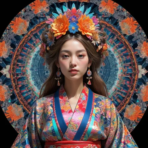 Prompt: hippy imperial kioto Dreamig woman in stereoscopic 3d by Delacroix stereoscopic 3d, mimetism intricate, perfect intricate details, hyper-detailed, beautifully draw by Delacroix, tones, perfect l beautifully draw by Delacroix stereoscopic 3d,geometric epic neon kimono flow perfect intricate transparent shining glass Sculpture luminiscense , oxide background, perfect intricate transparent shining glass hyperrealistic fashion, mandala hippy imperial Dreamig ,3d geometric epic deep field, kimono Japanese clothes, pop art , boom great perfect graduate luminiscent background, dark background, perfect intricate details, perfect contrasted bright in volumetric to best pretty art