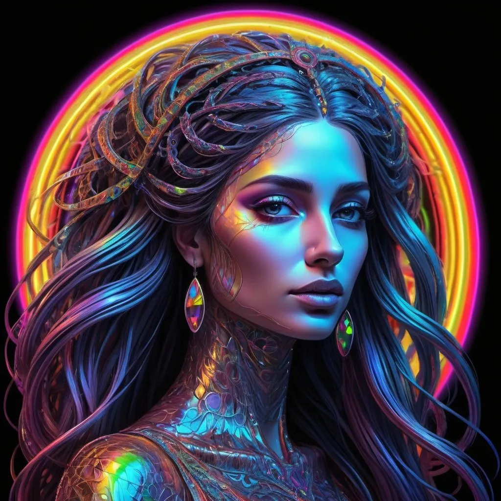 Prompt: Venetian gloomy neon artisic queen of hards, contrasted coil draw style,  intricate, perfect intricate details,     neon in hair flow wonderful style, rainbow background, magnetic , great perfect balancing metallic neon Oil,hippy imperial kioto Dreamig ,geometric epic neon flow perfect intricate intricate transparent shining contrasted realistic GRADIENT ,use Depth details, perfect contrasted High resolution, hyper naturalistic epic myth linered woman sketch drow realistic High resolution Dreamig woman in stereoscopic High resolution, inspired by monalisa inspired dark background, perfect intricate transparent shining contrasted coil draw style, luminiscense details, perfect balancing metallic neon Oil, compact zoom intricate, perfect intricate details, perfectaureal fractal, full person in transparent great 