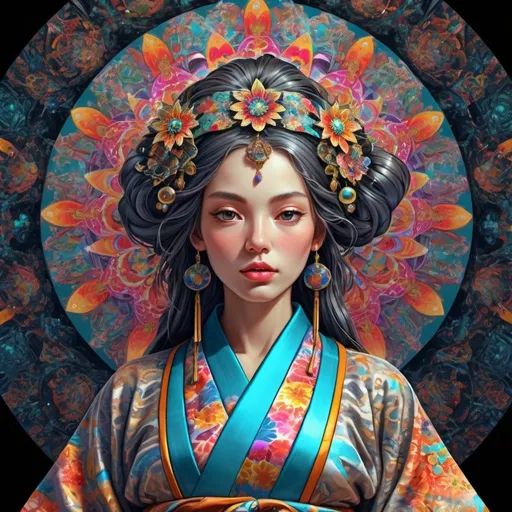 Prompt: hippy imperial kioto Dreamig woman in stereoscopic 3d depth pf field by Delacroix   draw by Delacroix, tones, perfect l beautifully draw by Delacroix stereoscopic 3d,geometric epic neon kimono flow perfect intricate transparent shining glass esoterical Sculpture luminiscense , oxide background, perfect intricate transparent shining glass hyperrealistic fashion, mandala hippy imperial Dreamig ,3d geometric epic deep field, kimono Japanese clothes, pop art , boom great perfect graduate luminiscent background, dark background, perfect intricate details, perfect contrasted bright in volumetric to best pretty art