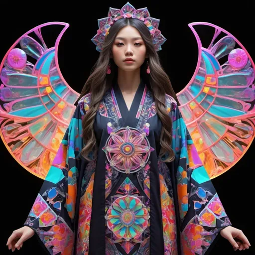 Prompt: hippy imperial kioto Dreamig ,geometric epic neon kimono flow perfect intricate transparent shining glass Sculpture luminiscense , oxide background, perfect intricate transparent shining glass hyperrealistic fashion, mandala hippy imperial Dreamig ,geometric epic kimono Japanese clothes, pop art , boom great perfect graduate luminiscent background, dark background, perfect intricate details, perfect contrasted bright in volumetric to best pretty art