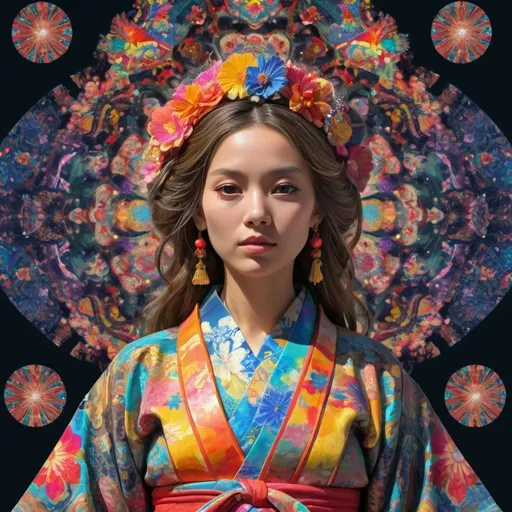 Prompt: hippy imperial kioto Dreamig woman in stereoscopic 3d depth pf field by Delacroix   draw by Delacroix, tones, perfect l beautifully draw by Delacroix stereoscopic 3d,geometric epic neon kimono flow perfect intricate transparent shining glass Sculpture luminiscense , oxide background, perfect intricate transparent shining glass hyperrealistic fashion, mandala hippy imperial Dreamig ,3d geometric epic deep field, kimono Japanese clothes, pop art , boom great perfect graduate luminiscent background, dark background, perfect intricate details, perfect contrasted bright in volumetric to best pretty art