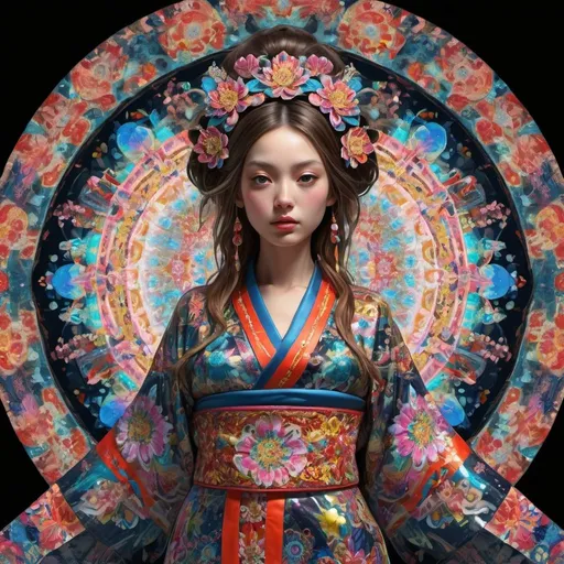 Prompt: hippy imperial kioto Dreamig woman in stereoscopic 3d by Delacroix stereoscopic 3d, mimetism intricate, perfect intricate details, hyper-detailed, beautifully draw by Delacroix, tones, perfect l beautifully draw by Delacroix stereoscopic 3d,geometric epic neon kimono flow perfect intricate transparent shining glass Sculpture luminiscense , oxide background, perfect intricate transparent shining glass hyperrealistic fashion, mandala hippy imperial Dreamig ,3d geometric epic deep field, kimono Japanese clothes, pop art , boom great perfect graduate luminiscent background, dark background, perfect intricate details, perfect contrasted bright in volumetric to best pretty art