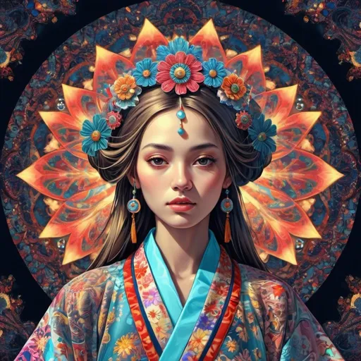 Prompt: hippy imperial kioto Dreamig woman in stereoscopic 3d depth pf field by Delacroix   draw by Delacroix, tones, perfect l beautifully draw by Delacroix stereoscopic 3d,geometric epic neon kimono flow perfect intricate transparent shining glass esoterical Sculpture luminiscense , oxide background, perfect intricate transparent shining glass hyperrealistic fashion, mandala hippy imperial Dreamig ,3d geometric epic deep field, kimono Japanese clothes, pop art , boom great perfect graduate luminiscent background, dark background, perfect intricate details, perfect contrasted bright in volumetric to best pretty art