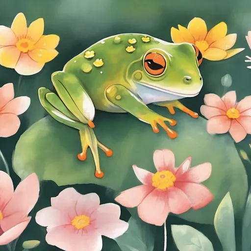 Prompt: A tiny frog sitting on a flower